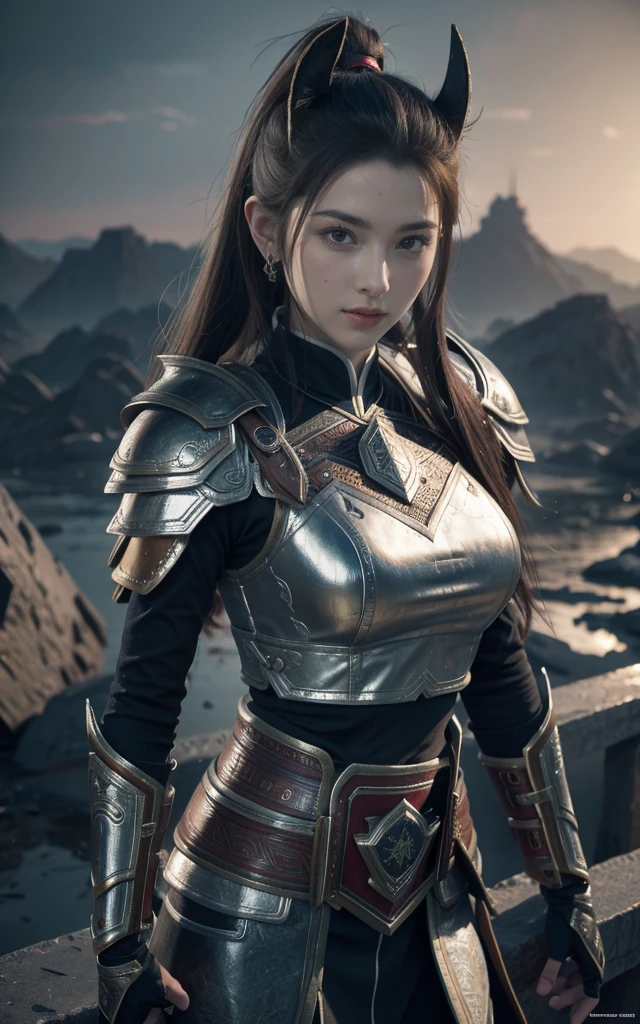 Game Art,Best picture quality,Maximum resolution,8K,(A bust photo),(portrait),(Head close-up),(Rule of Thirds),Unreal Engine 5 rendering works, (Future Girl),(Female Warrior),
,(Ancient Chinese general),Eyes full of details,(Large Breasts),Elegance and nobility,indifferent,brave,
(Wearing ancient Chinese style armor,Tang Dynasty armor,The costumes are rich in detail,Metallic luster,Silver gray),Chinese characters,Fantasy style,
Photo poses,(Complex battlefield background),Movie Lighting,Ray Tracing,Game CG,((3D Unreal Engine)),OC rendering reflection mode