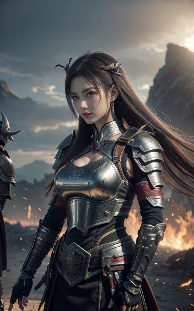 Game Art，Best picture quality，Maximum resolution，8K，(A bust photo)，(portrait)，(Head close-up)，(Rule of Thirds)，Unreal Engine 5 rendering works， (Future Girl)，(Female Warrior)， 
-yeld gi(Ancient Chinese general)，Eyes full of details，(Large Breasts)，Elegance and nobility，indifferent，brave，
(Wearing ancient Chinese style armor，Tang Dynasty armor，The costumes are rich in detail，Metallic luster，Silver gray)，Chinese characters，Fantasy style，
Photo poses，（Complex battlefield background），Movie Lighting，Ray Tracing，Game CG，((3D Unreal Engine))，OC rendering reflection mode