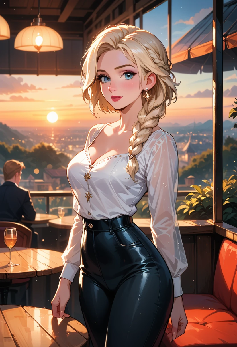 score_9, score_8_up, score_7_up, score_6_up, cinematic film still, 1girl, mature elsa (blonde hair, braid:1.1), tight_black_leather_pants, white_blouse, in a beautiful restaurant, (cinematic lighting:1.2),, (sunset:1.2), shallow depth of field, vignette, highly detailed, high budget, bokeh, cinemascope, moody, epic, gorgeous, film grain, grainy.