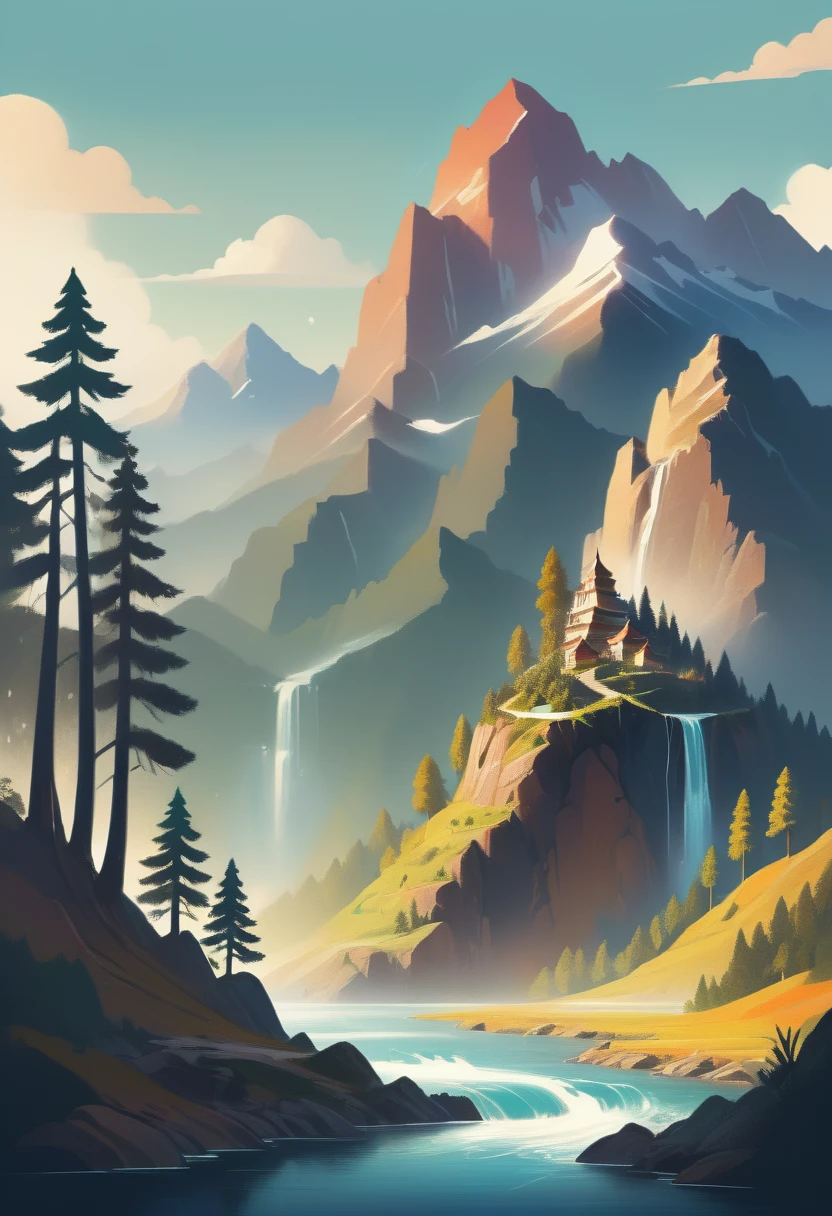 impressive painting of a mountain with trees and water, a detailed painting by Petros Afshar, shutterstock contest winner, environmental art, detailed painting, outlined art, 2d game art, isolated background for logo, strong contours, logo design
