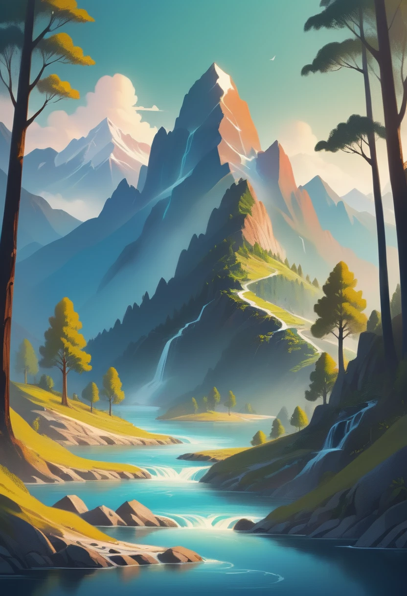 impressive painting of a mountain with trees and water, a detailed painting by Petros Afshar, shutterstock contest winner, environmental art, detailed painting, outlined art, 2d game art, isolated background for logo, strong contours, logo design