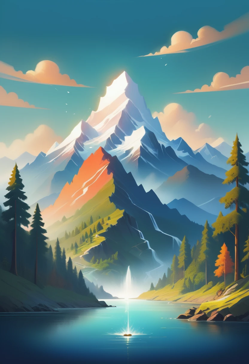 impressive painting of a mountain with trees and water, a detailed painting by Petros Afshar, shutterstock contest winner, environmental art, detailed painting, outlined art, 2d game art, isolated background for logo, strong contours, logo design