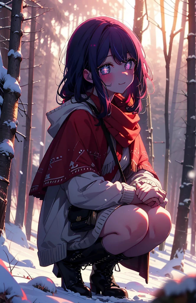 aihoshino, Ai Hoshino, Long Hair, bangs, (Purple eyes:1.1), Purple Hair, (Symbol-shaped pupil:1.5), smile,,smile,blush,white breath,
Open your mouth,snow,Ground bonfire, Outdoor, boots, snowing, From the side, wood, suitcase, Cape, Blurred, , forest, White handbag, nature,  Squat, Mouth closed, Cape, winter, Written boundary depth, Black shoes, red Cape break looking at viewer, Upper Body, whole body, break Outdoor, forest, nature, break (masterpiece:1.2), Highest quality, High resolution, unity 8k wallpaper, (shape:0.8), (Beautiful and beautiful eyes:1.6), Highly detailed face, Perfect lighting, Highly detailed CG, (Perfect hands, Perfect Anatomy),