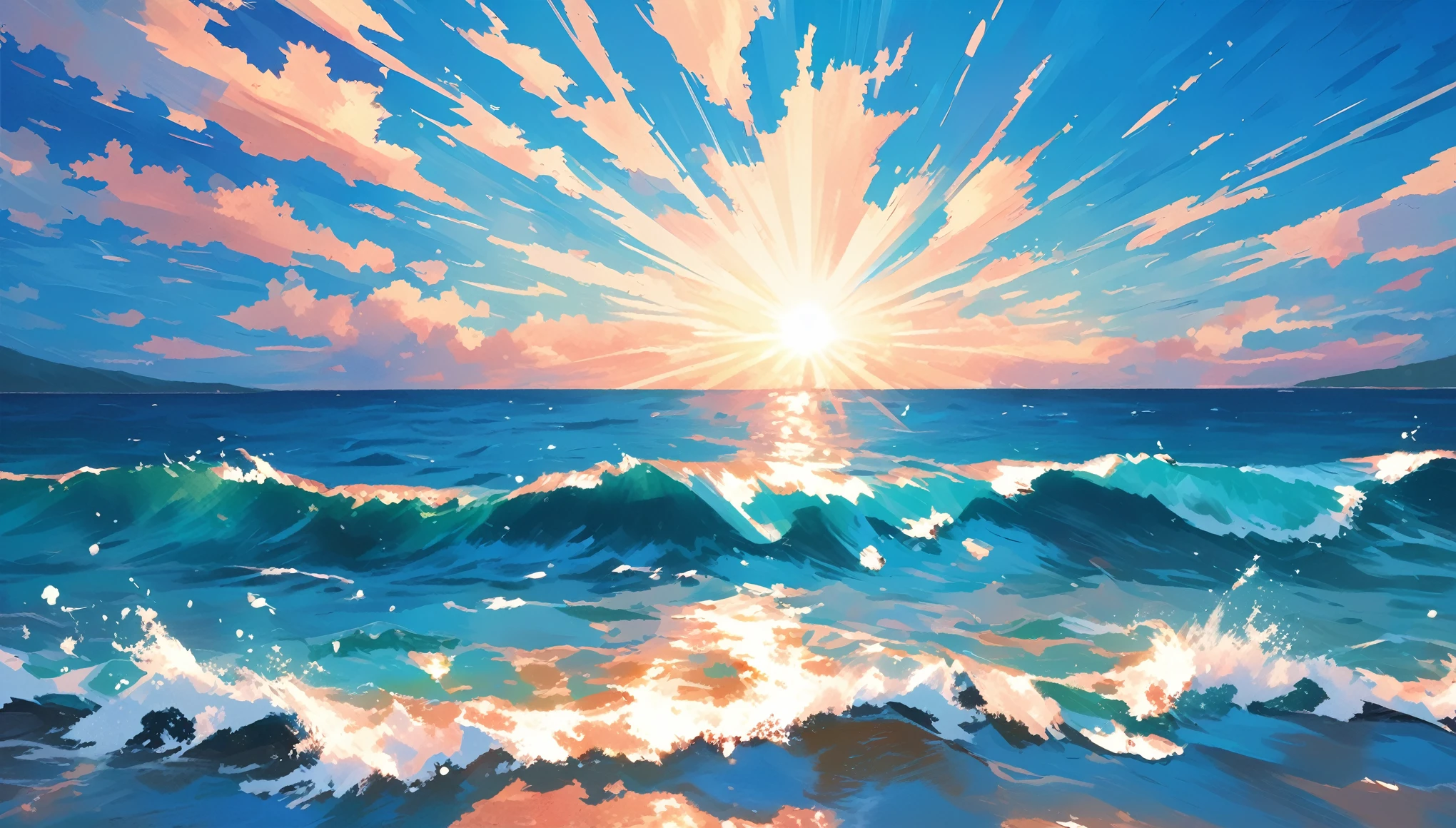 sea, bluesky and sea, blueeeeeeee,god rays ,impasto
flat coloring,
