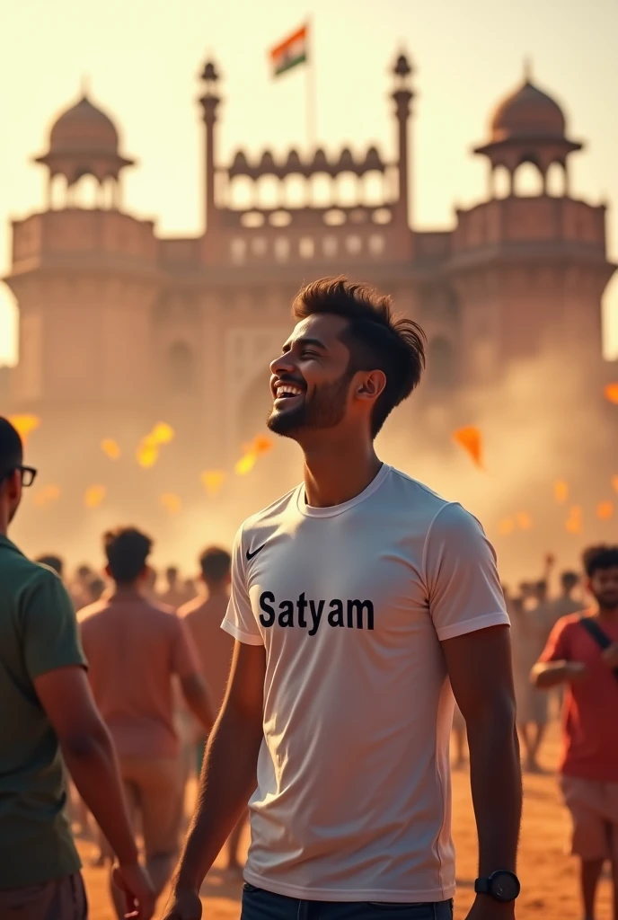 A young men wearing full t shirt name satyam celebration 15 August at lal kila