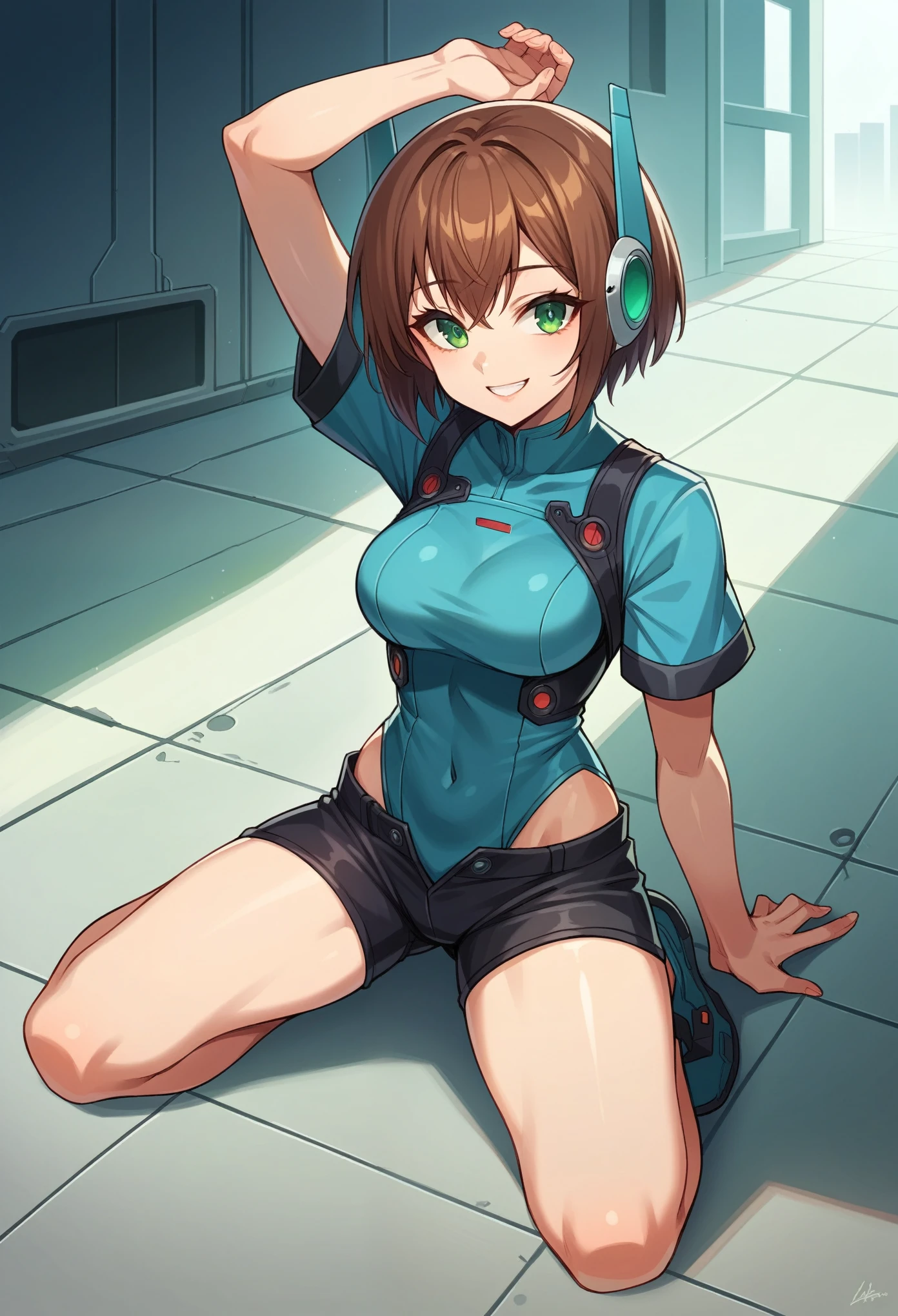 aile_megamanzx, kneeling with one hand on the ground and the other arm raised, 1girl, solo, short hair, brown hair, short sleeves, (bodysuit), robot ears, green eyes, (very_short_shorts:1.3), short_sleeves_short_length_blue_jacket, short over long sleeves, smile, in futuristic city, , high quality, medium_breasts,crotch, slouch,groin,dynamic_angle,