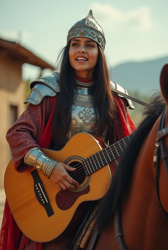 A teenage indigenous woman in medieval knight armor singing passionately with the guitar in a Mexican village on a horse

