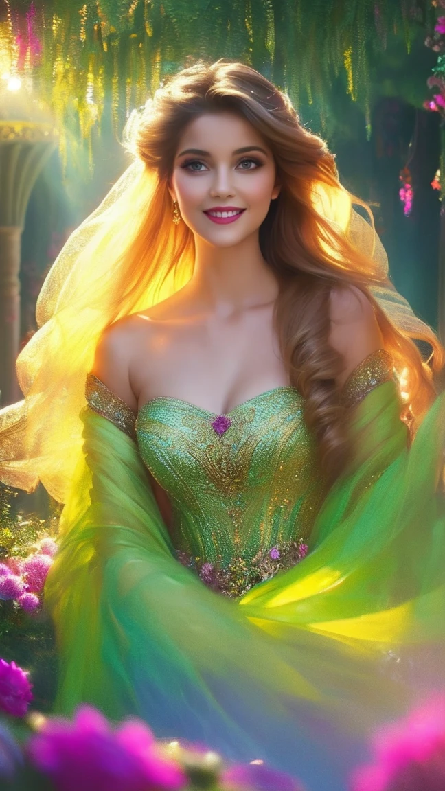 (a beautiful woman in a stunning gown of flowing silk with a radiant smile and captivating eyes),vibrant colors,highres,ultra-detailed,sharp focus,soft lighting,realistic,fantasy-inspired,portraits,subtle color palette,ethereal glow,fairytale,graceful,pastel shades,enchanted garden,lovely flowers,twinkling lights,whimsical ambiance