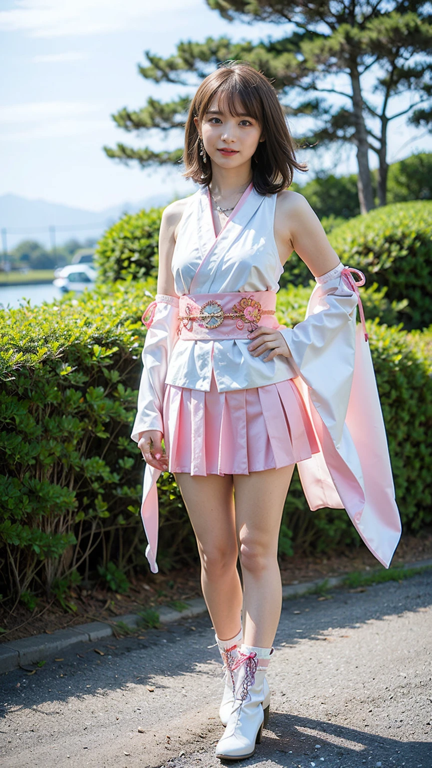 (8k、RAW Photos、Highest quality、masterpiece:1.2)、(Realistic、Realistic)、1 girl、((Long-sleeved kimono、white、pink、navy blue、Shoulder visible、Breast enlargement、boots、ribbon、garden、Thin legs、mini skirt、whole body、View from the front、Looking into the camera、Stand with hands on hips))、cute