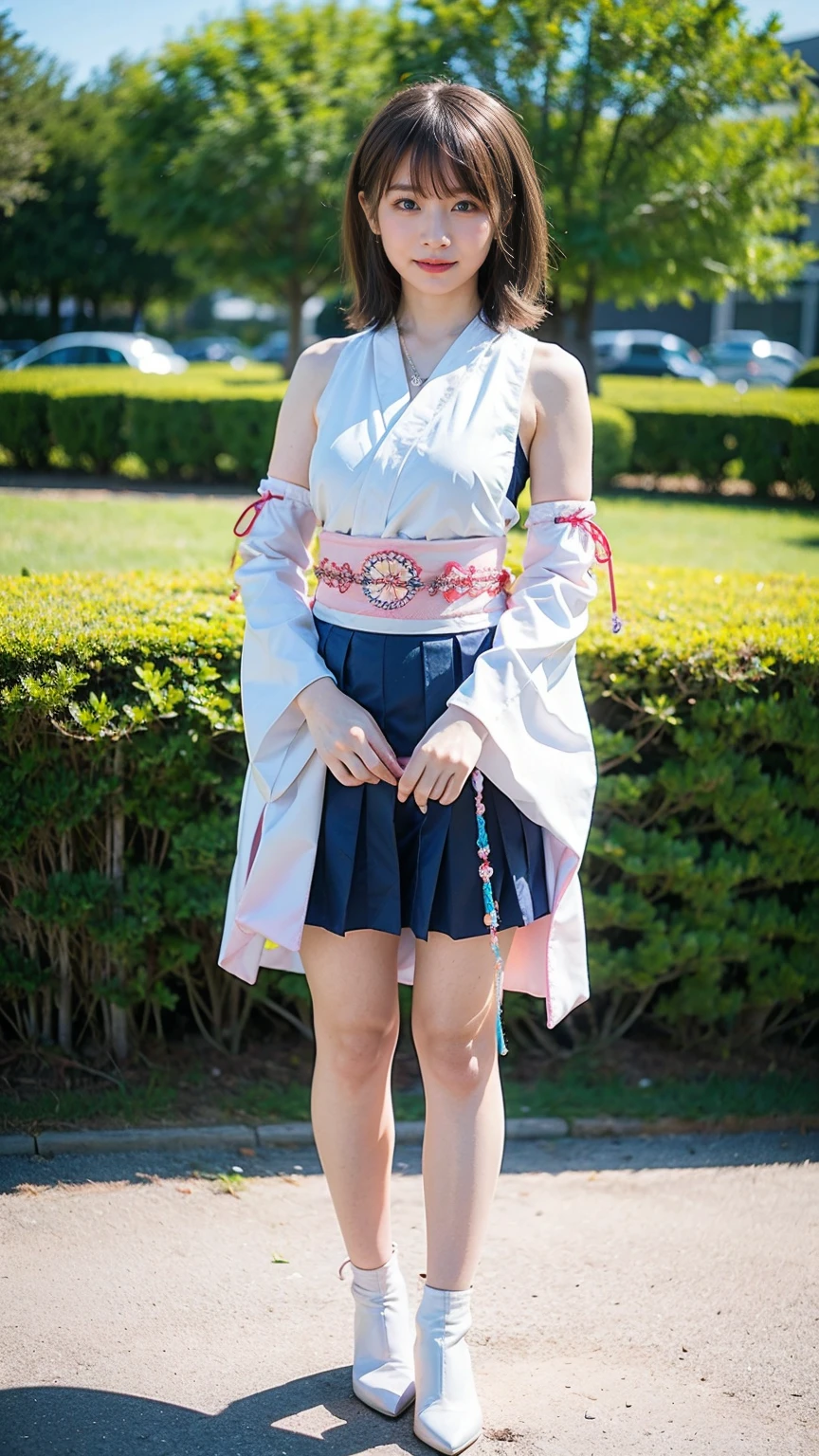 (8k、RAW Photos、Highest quality、masterpiece:1.2)、(Realistic、Realistic)、1 girl、((Long-sleeved kimono、white、pink、navy blue、Shoulder visible、Breast enlargement、boots、ribbon、garden、Thin legs、mini skirt、whole body、View from the front、Looking into the camera、Stand with hands on hips))、cute