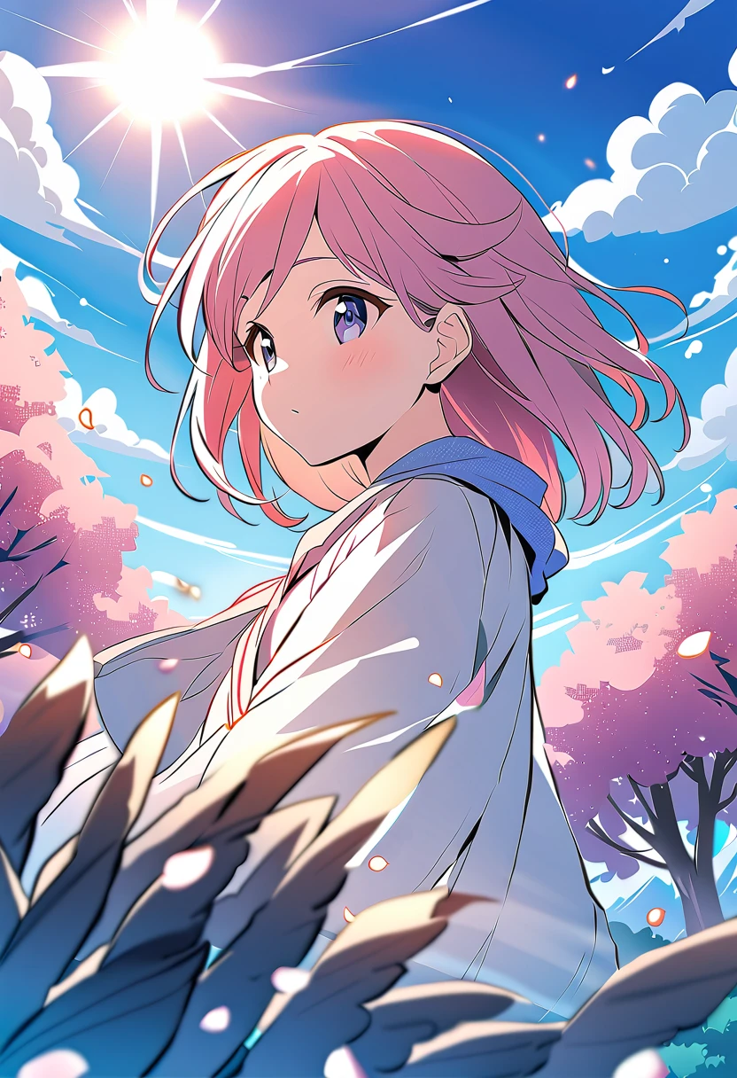 Wide angle perspective、dynamic angle, a refreshing scene on a clear day. The sun shines brightly, and the sky is dyed a deep blue. White clouds slowly drift by, and the wind rustles the trees.　pink hair, short hair, In the distance, children’s laughter can be heard, and seabirds dance in the sky. This scene symbolizes the vitality and freedom of summer.Beautiful anime scene, Anime Scenery, in Makoto Shinkai&#39;style, Makoto Shinkai&#39;style, Enhanced Details