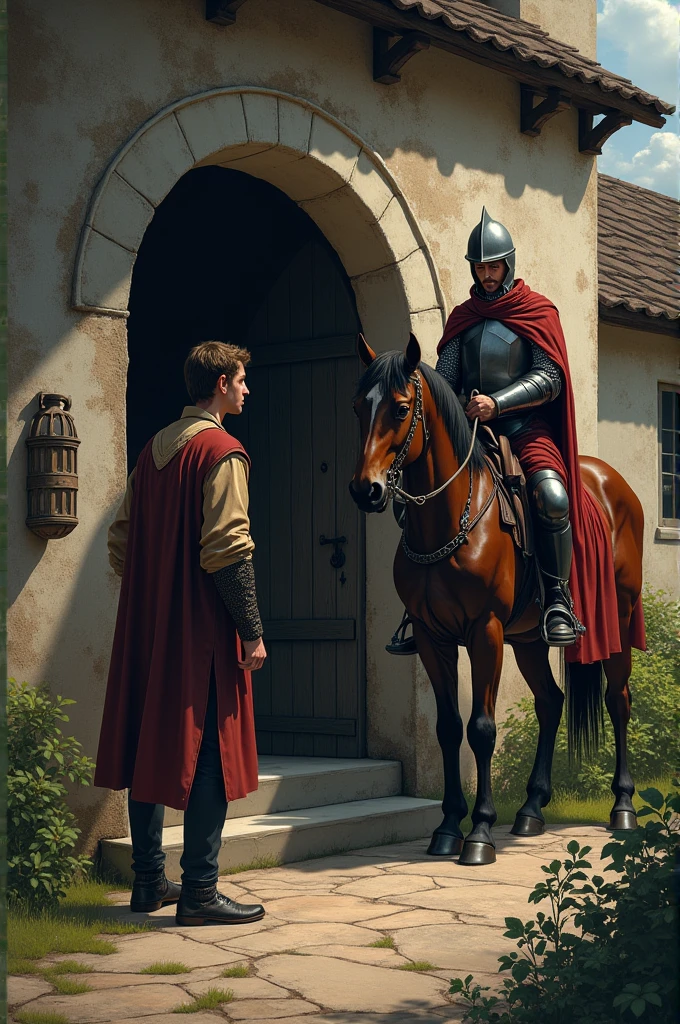 The storyteller, visibly anxious, is in front of the door of your house, offering the knight the opportunity to enter. The knight is still mounted, but his posture seems a little more relaxed in response to the invitation.
   The storyteller tem um olhar nervoso, while the knight looks at him with a serious expression, but not so threatening. The scene is marked by an atmosphere of tension, with the house in the background