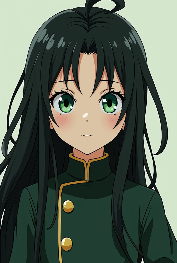 Boy in Demon Slayer Corps uniform with long black hair,light green eyes,with a green hour