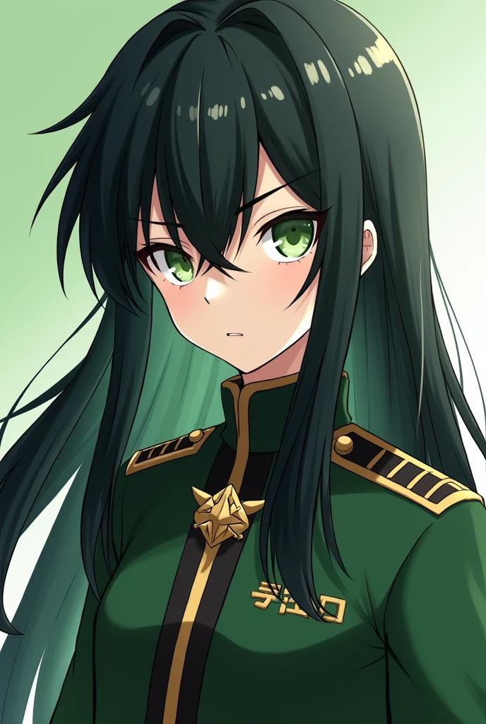 Boy in Demon Slayer Corps uniform with long black hair,light green eyes,with a green hour