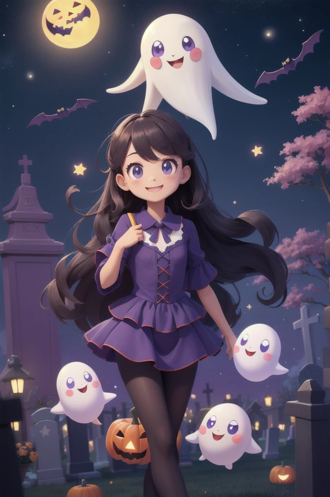 ((masterpiece,Highest quality)),Absurd,cute_Ghost,No humans,alone,Ghost,floating,Halloween,Pokemon (Living things),cute,alone,smile,View your viewers,Purple Theme,Cemetery in the background,night空、Beautiful stars、cute、night、Bat