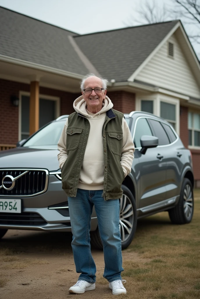Create a real photo of a 1 year old man,95, stark, wearing a pair of jeans, White sneakers, an off-white t-shirt, military green denim vest with sweatshirt hood, with glasses. He is in front of his American house and next to it is a lead-colored Volvo XC60.. He is smiling.