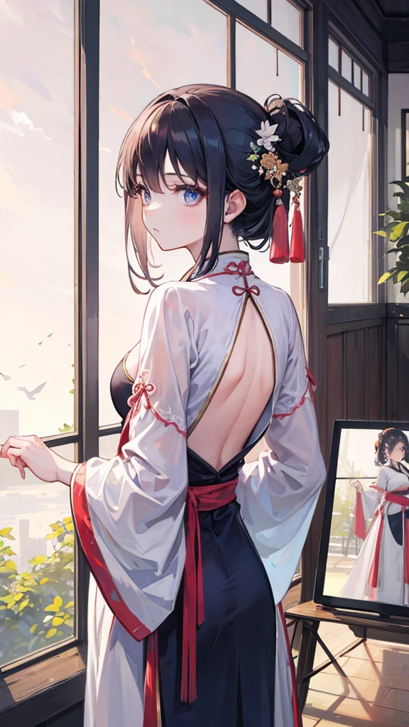 One girl.alone,Hanfu,chinese garment,(Back side:1.2),photograph, masterpiece, photographリアリズム,Highest quality, 超High resolution, RAWphotograph, photograph撮影, Professional, Amazing details, colorful, Surrealism, masterpiece, Highest quality, High resolution, Viewpoint, Highest quality, Sharp focus, Digital Art Rendering, 8k,