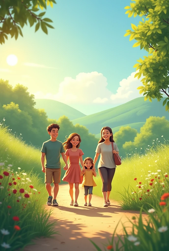 Add an image that symbolizes healthy living, such as: Morning walk with family Scene with background color Family sitting indoors