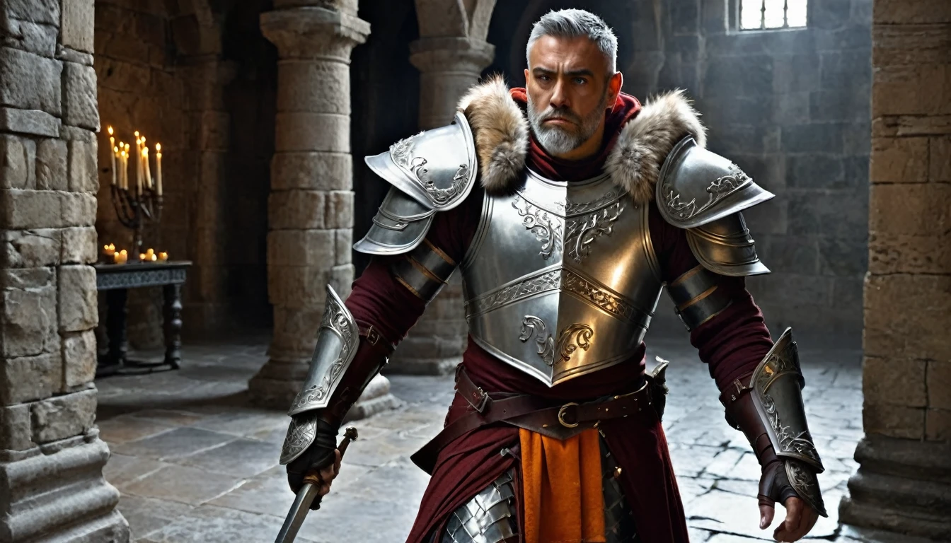 ((masterpiece, The silver armor is intricately decorated and not intended for combat.)), Inside a stone building, Stone slabs scattered on the floor, A muscular man in armor walking towards the front, dim, Gray Hair, Candles along the walls light up the room., Holding a large twisted rapier in his hand, Wearing a dull grey cloak, He wears a dirty dark red loincloth under his armor.,,The armor has three small orange gems on it., He wears a large metal ornamented in white on his shoulder.、Dark orange fur underneath the metal
