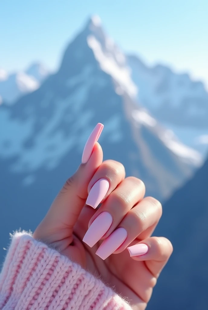 Beautiful and elegant pink nails with some discreet glitter and a background of blue mountains and a condor