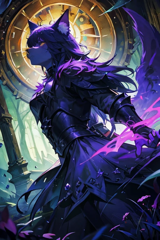 Digital painting, fantasy style, advanced, elite, final boss cat × monster, in a dark, enchanted forest, surrounded by a magical aura, deep green and purple lights, with shadows accentuating a dark atmosphere, mysterious and imposing, with a dangerous vibe, cat fur detailed down to the individual strands, with a realistic fusion with the monster, shallow depth of field, HDR effect, fine highlights, low-angle view, symmetrical composition, medieval European influence, darkness, power, mysterious, (masterpiece: 2), best quality, ultra highres, original, extremely detailed, perfect lighting