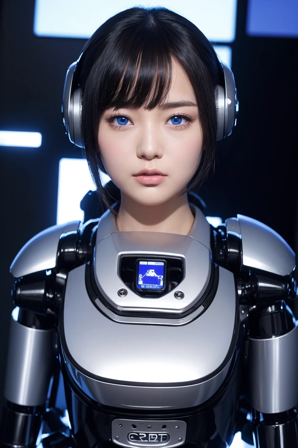 masterpiece, best quality, extremely detailed, Japaese android girl,portrait,Plump,a bit chubby,control panels,android,Droid,Mechanical Hand, Robot arms and legs, Black hair,Blunt bangs,perfect robot girl,long tube,thick cable connected her neck,android,robot,humanoid,cyborg,japanese cyborg girl ,robot-assembly plant,She is assembling now,assembly scene,blue eyes,chest monitor