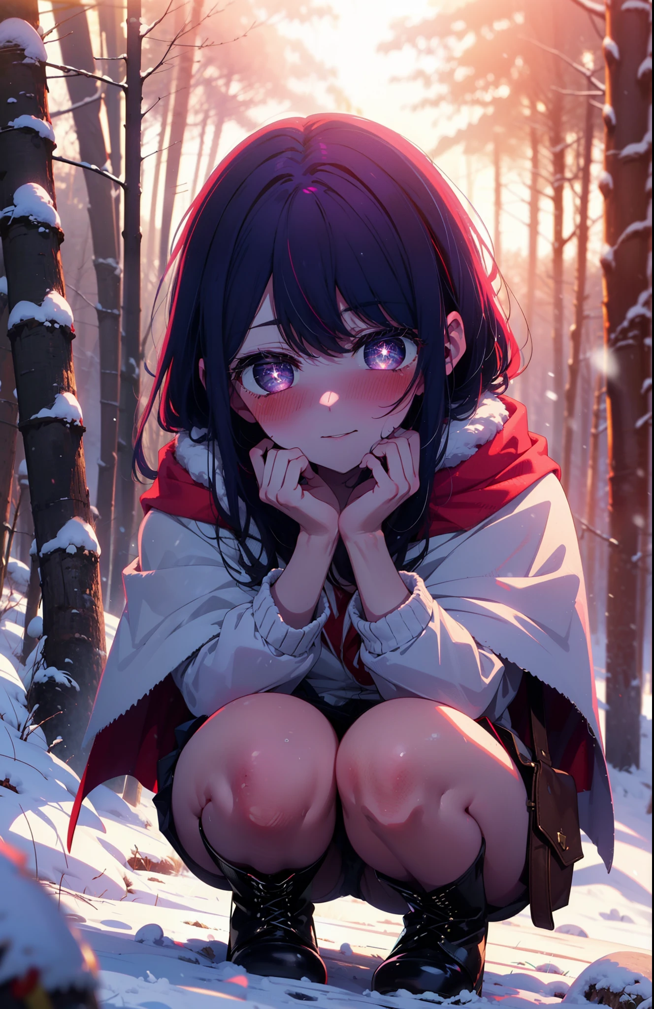 aihoshino, Ai Hoshino, Long Hair, bangs, (Purple eyes:1.1), Purple Hair, (Symbol-shaped pupil:1.5), smile,,smile,blush,white breath,
Open your mouth,snow,Ground bonfire, Outdoor, boots, snowing, From the side, wood, suitcase, Cape, Blurred, , forest, White handbag, nature, Squat, Mouth closed, Cape, winter, Written boundary depth, Black shoes, red Cape break looking at viewer, Upper Body, whole body, break Outdoor, forest, nature, break (masterpiece:1.2), Highest quality, High resolution, unity 8k wallpaper, (shape:0.8), (Beautiful and beautiful eyes:1.6), Highly detailed face, Perfect lighting, Highly detailed CG, (Perfect hands, Perfect Anatomy),