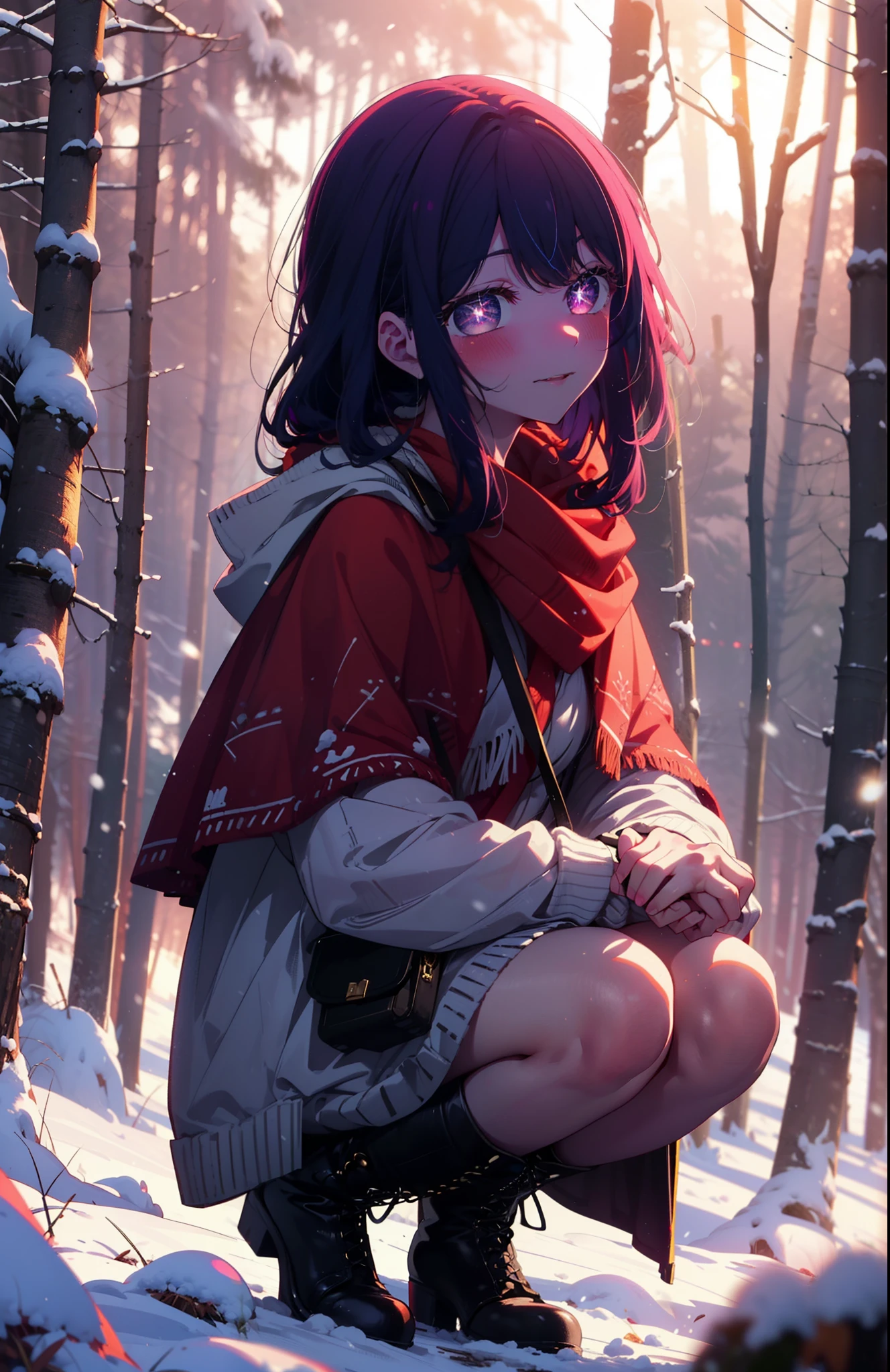 aihoshino, Ai Hoshino, Long Hair, bangs, (Purple eyes:1.1), Purple Hair, (Symbol-shaped pupil:1.5), smile,,smile,blush,white breath,
Open your mouth,snow,Ground bonfire, Outdoor, boots, snowing, From the side, wood, suitcase, Cape, Blurred, , forest, White handbag, nature, Squat, Mouth closed, Cape, winter, Written boundary depth, Black shoes, red Cape break looking at viewer, Upper Body, whole body, break Outdoor, forest, nature, break (masterpiece:1.2), Highest quality, High resolution, unity 8k wallpaper, (shape:0.8), (Beautiful and beautiful eyes:1.6), Highly detailed face, Perfect lighting, Highly detailed CG, (Perfect hands, Perfect Anatomy),