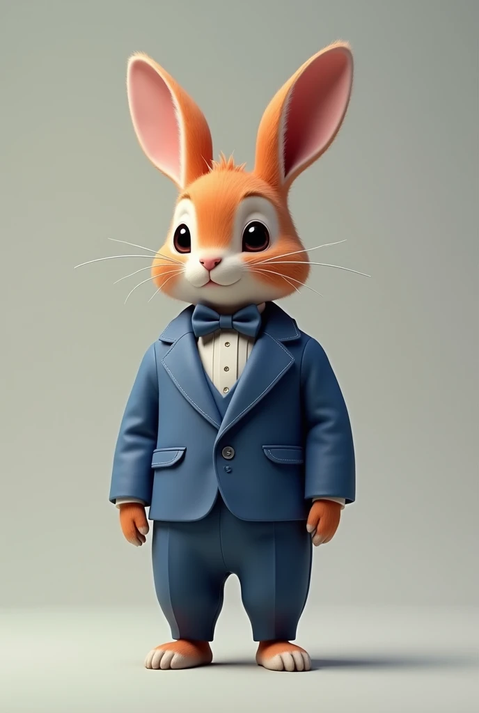 A red rabbit wearing blue suit