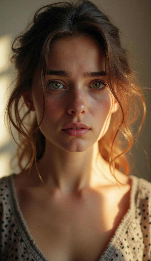 Beautiful 20 years old Christian Influencer Girl, Looking in front, in a warm white soft studio, with a hopeless sad face, longing for Jesus, High quality, photorealistic,  