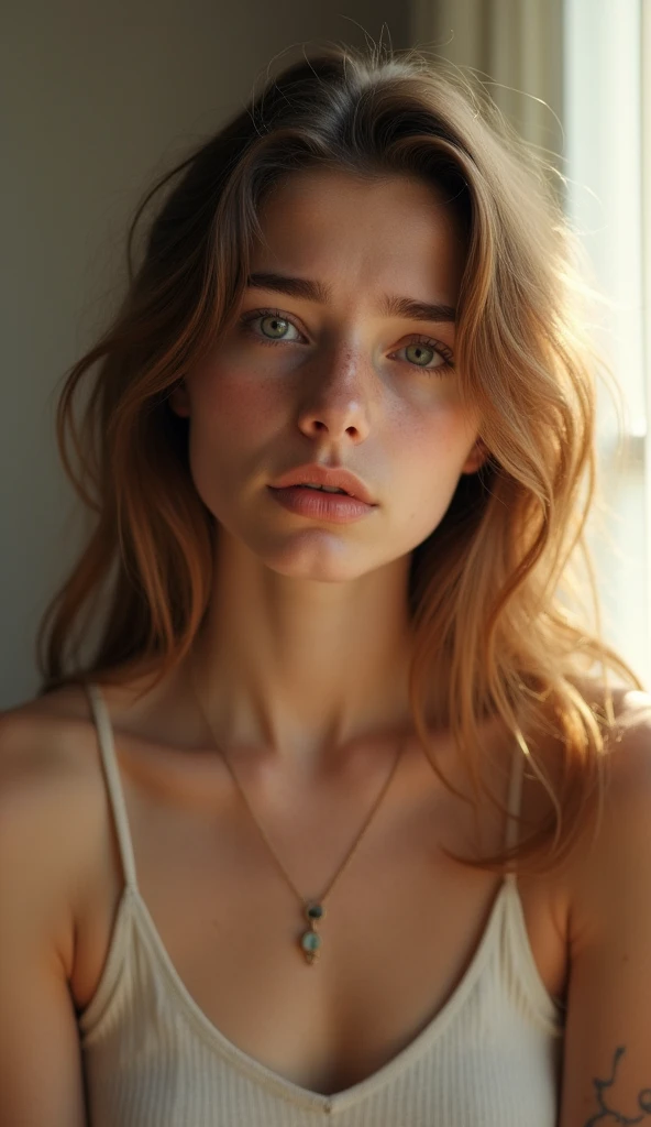 Beautiful 20 years old Christian Influencer Girl, Looking in front, in a warm white soft studio, with a hopeless sad face, longing for Jesus, High quality, photorealistic,  