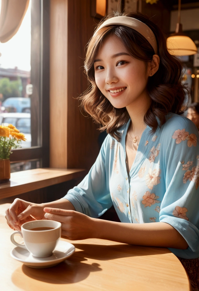 "Please create a cartoon-style illustration of a beautiful young East Asian woman sitting at a table in a cozy café lit by the morning sun, facing forward, happily chatting with her boyfriend. The woman has shoulder-length wavy brown hair styled with a simple headband. Wear a light blue blouse with a floral pattern and beige high-waisted pants. The morning sunlight gently illuminates the café, creating a warm and inviting atmosphere around her. The men are dressed casually with short brown hair."