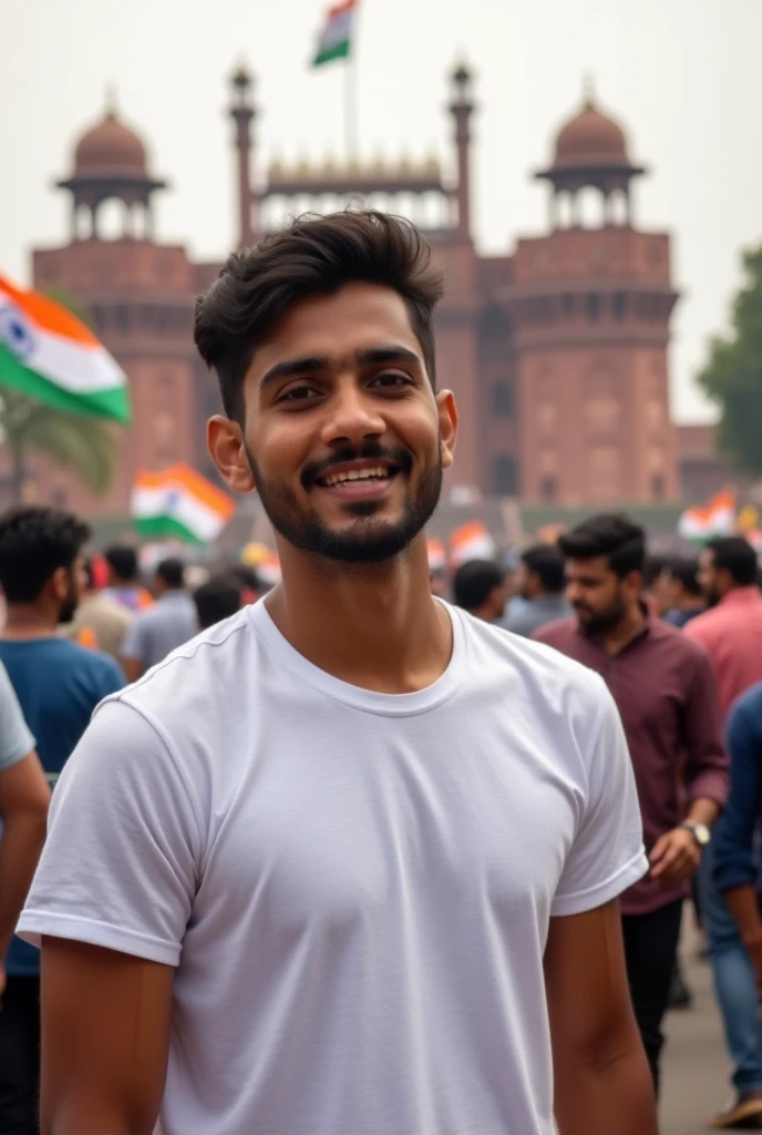   A young man with a Indian flag tshirt  and name yashvant on his tshirt and his background is lal kila