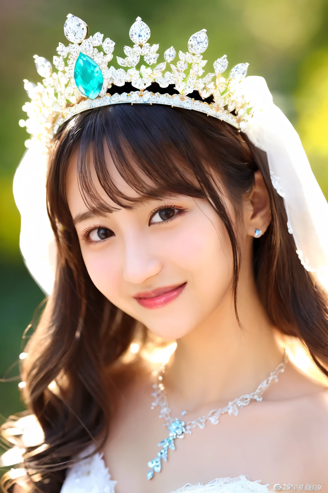 (Highest quality、Tabletop、8k、Best image quality、Award-winning works)、Beautiful Bride、(alone:1.1)、(The most extravagant and gorgeous huge pure white wedding dress:1.2)、(Perfect Wedding Lace:1.2)、(The most gorgeous and luxurious giant tiara:1.3)、(The most extravagant and luxurious giant necklace:1.3)、(Have a luxurious bouquet:1.3)、The finest jewellery decoration、Perfect Makeup、Long eyelashes、Ultra HD Shining Eyes、Ultra HD Hair、Ultra-high resolution glossy lips、Super high resolution beautiful face、(Accurate anatomy:1.1)、Very bright and beautiful skin、very bright and vivid、Perfect beautiful bridal hairstyles、(Front facing body:1.1)、(The most refreshing and beautiful forest background:1.1)、(Small breasts:1.1)、(Small breastsの谷間:1.1)、(Perfect beautiful bridal photos:1.1)、Cute Smile、(Face close-up:1.1)