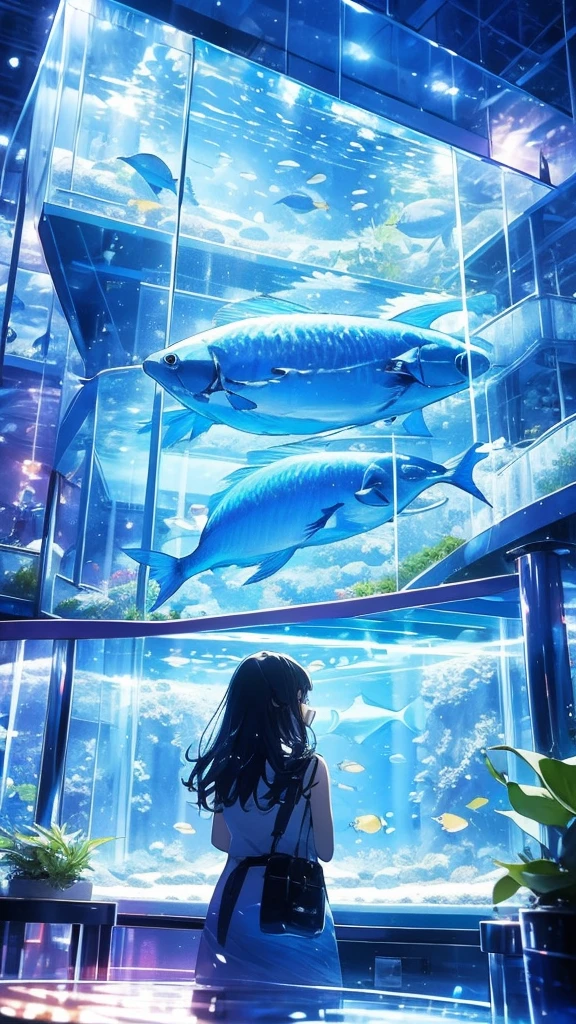 Beautiful aquarium with fish swimming in a giant glass tank,
A fantastic aquarium with sparkling lights,Dynamic and beautiful shadows,
A breathtakingly beautiful sight,Beautiful girl gazing at fish in front of an aquarium、Girl&#39;s back view,
(Highest quality:0.8),(Highest quality:0.8),Tabletop, Perfect anime illustration