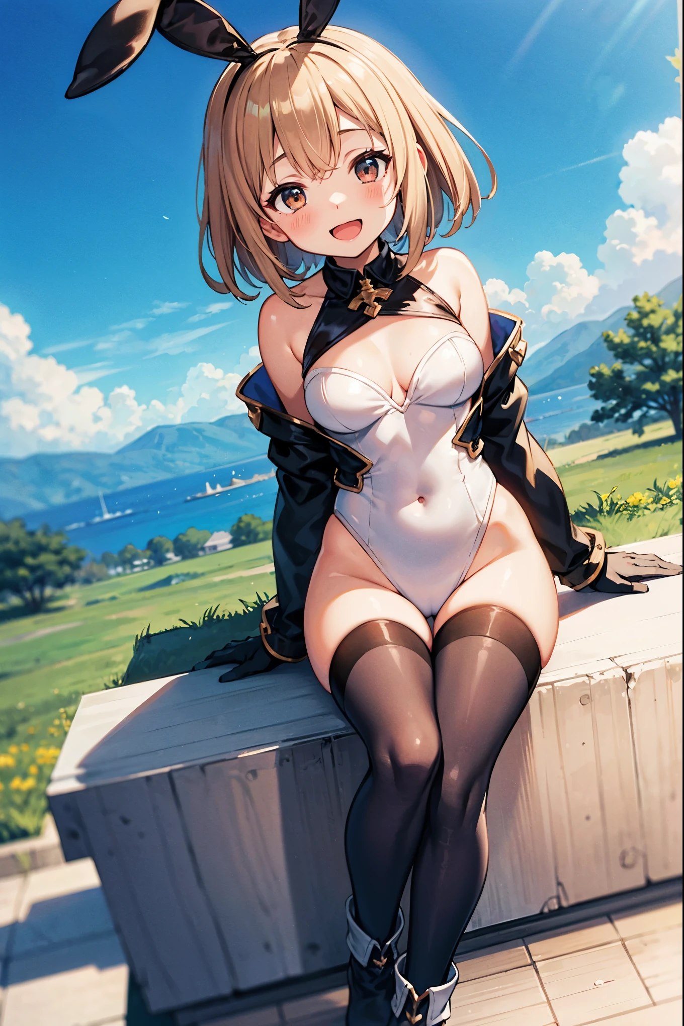 GRANBLUEfantasy,ung_teeirl,brown_hair,medium_bob_hair,platina_blond_hair,white_leotard,covered_crotch,thigh-highs,smile,standing,bluesky_landscape_background,slightly_spread_legs,happiness, short_gloves ,solo, r18, navel,relicbuster,short,boots,open_mouth,sitting,knees,blush,shy,bunny_ears