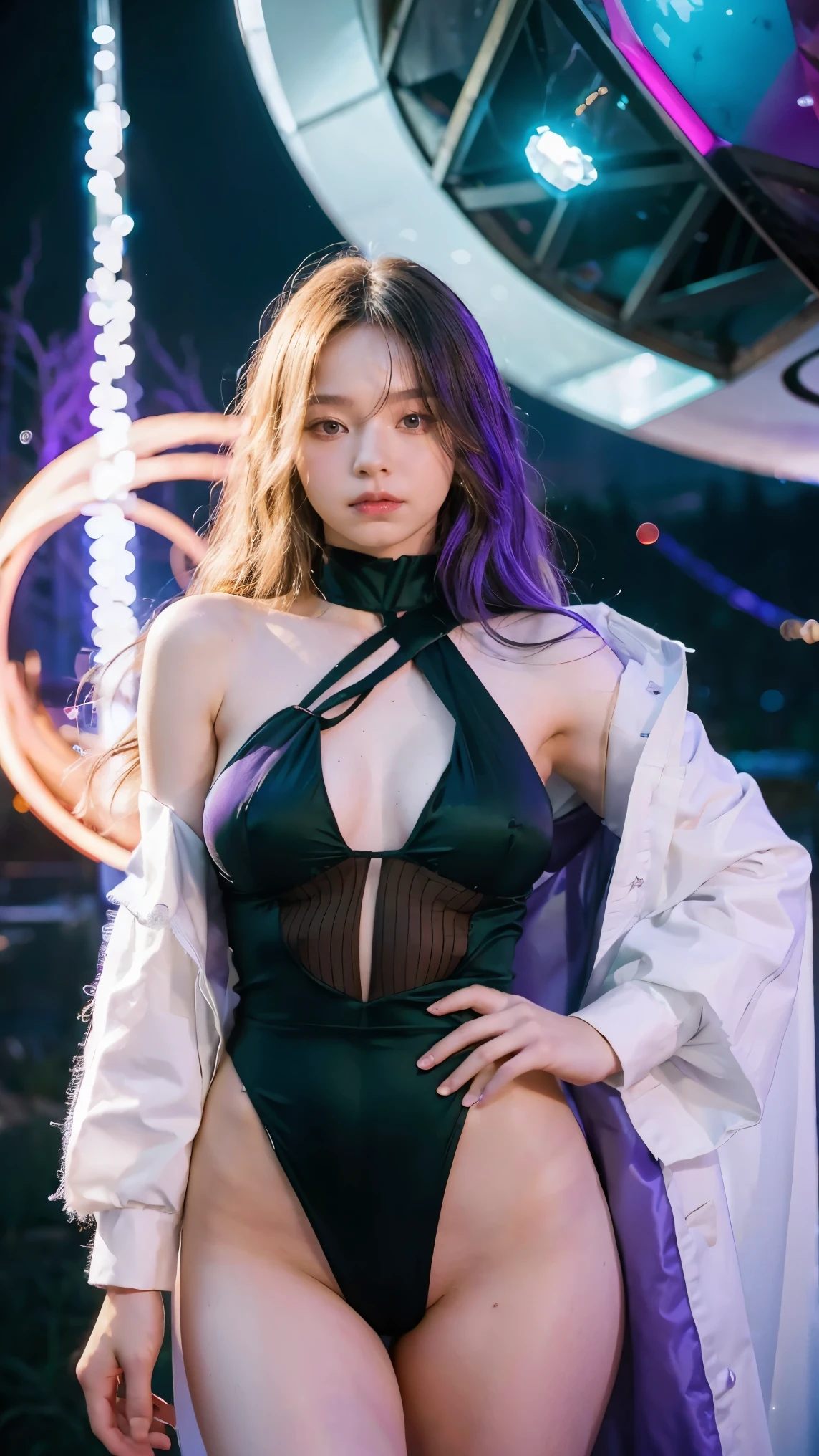 Masterpiece, best quality, 1girl, with long flowing iridescent hair in shades of purple, blue, and green, wearing a sleek crimson red string lingerie together with crotch-less G-string outfits, standing in a dramatic pose with one hand on her hip and the other holding a glowing, magical crystal ball. In the background, a swirling vortex of light and energy adds to the mysterious and enchanting atmosphere of the scene. glow hair, multicolor hair