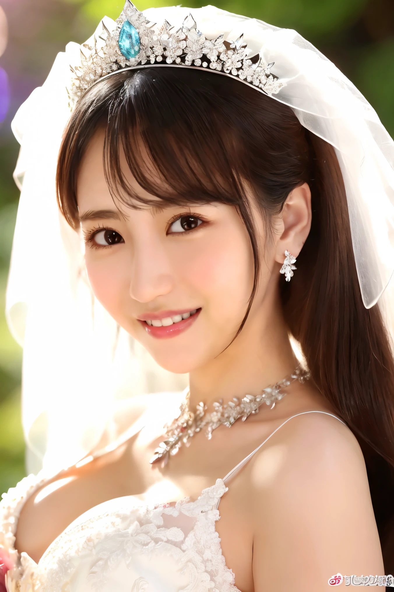 (Highest quality、Tabletop、8k、Best image quality、Award-winning works)、Beautiful Bride、(alone:1.1)、(The most extravagant and gorgeous huge pure white wedding dress:1.2)、(Perfect Wedding Lace:1.2)、(The most gorgeous and luxurious giant tiara:1.3)、(The most extravagant and luxurious giant necklace:1.3)、(Have a luxurious bouquet:1.3)、The finest jewellery decoration、Perfect Makeup、Long eyelashes、Ultra HD Shining Eyes、Ultra HD Hair、Ultra-high resolution glossy lips、Super high resolution beautiful face、(Accurate anatomy:1.1)、Very bright and beautiful skin、very bright and vivid、Perfect beautiful bridal hairstyles、(Front facing body:1.1)、(The most refreshing and beautiful forest background:1.1)、(Small breasts:1.1)、(Small breastsの谷間:1.1)、(Perfect beautiful bridal photos:1.1)、Cute Smile、(Face close-up:1.1)