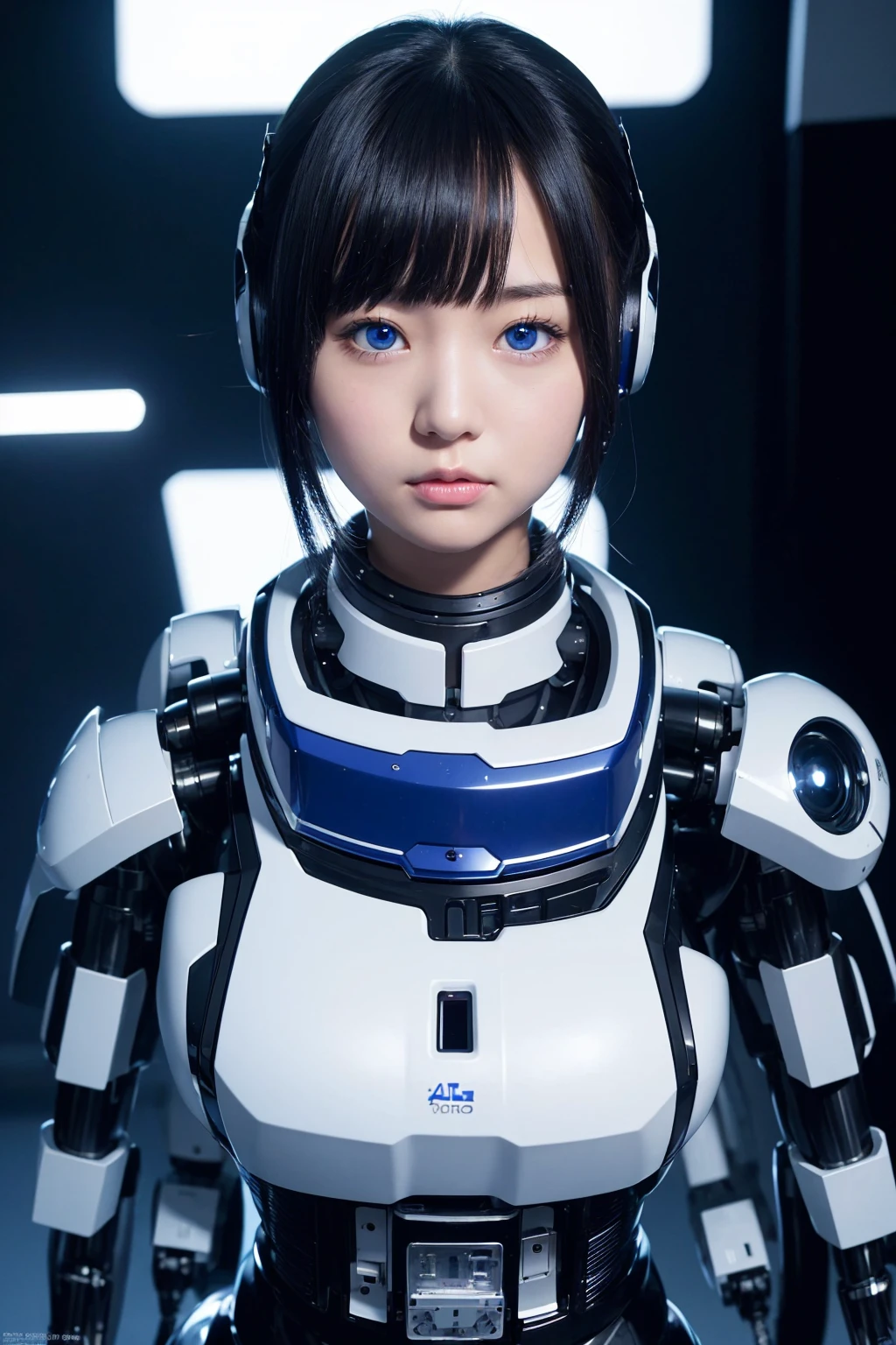 masterpiece, best quality, extremely detailed, Japaese android girl,portrait,Plump,a bit chubby,control panels,android,Droid,Mechanical Hand, Robot arms and legs, Black hair,Blunt bangs,perfect robot girl,long tube,thick cable connected her neck,android,robot,humanoid,cyborg,japanese cyborg girl ,robot-assembly plant,She is assembling now,assembly scene,blue eyes,chest monitor