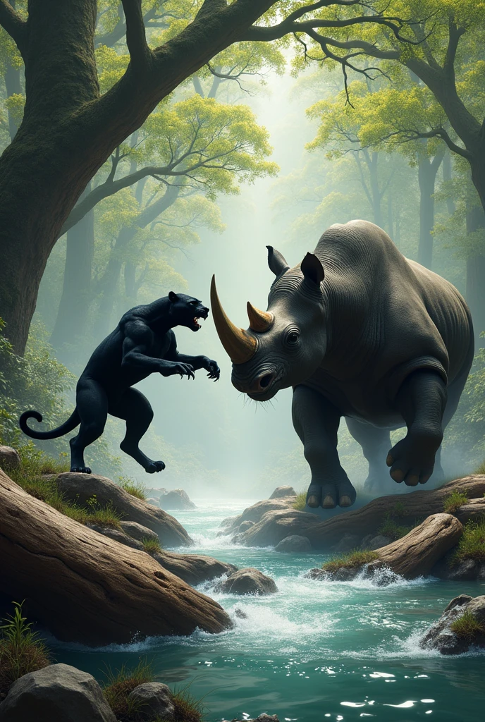 A realistic  of Black panther and rhinoceros fighting with each other location is beautiful waterflowing and beautiful trees, 1 left side wooden log fallen its broken in 2 peices