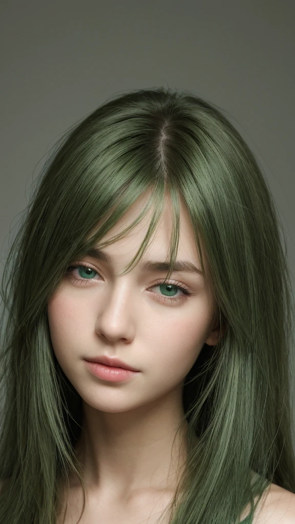 face portrait. a girl. european. half-closed eyes. green eyes. oval face. delicate features. long face. long straight hair. messy hair. green hair. happy. looking straight