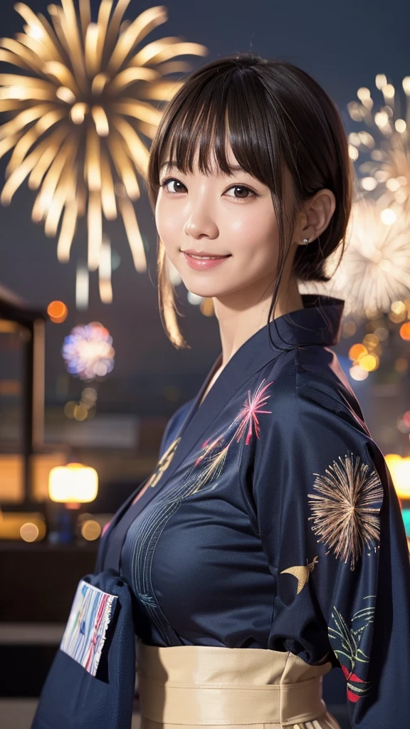 japan yukata,colorful fireworks in dark sky,18year old,bangs,smile,thighs,crotch,knees,short cut hair,poneytail,from below