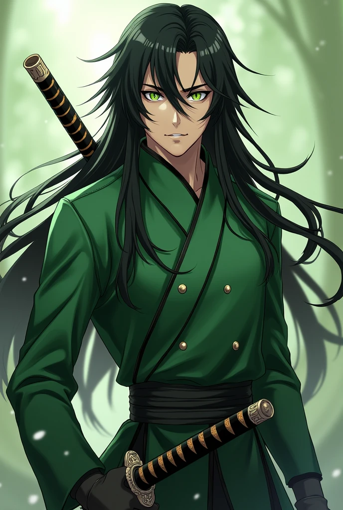 Man in Demon Slayer Corps uniform with long black hair,light green eyes,with a green ahori and katana