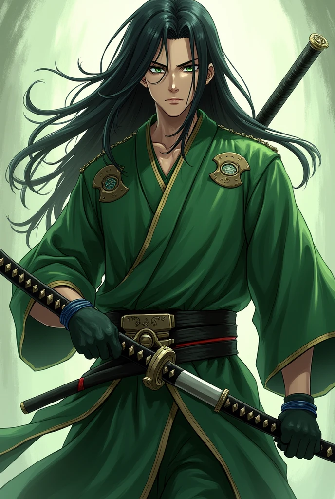 Man in Demon Slayer Corps uniform with long black hair,light green eyes,with a green ahori and katana 