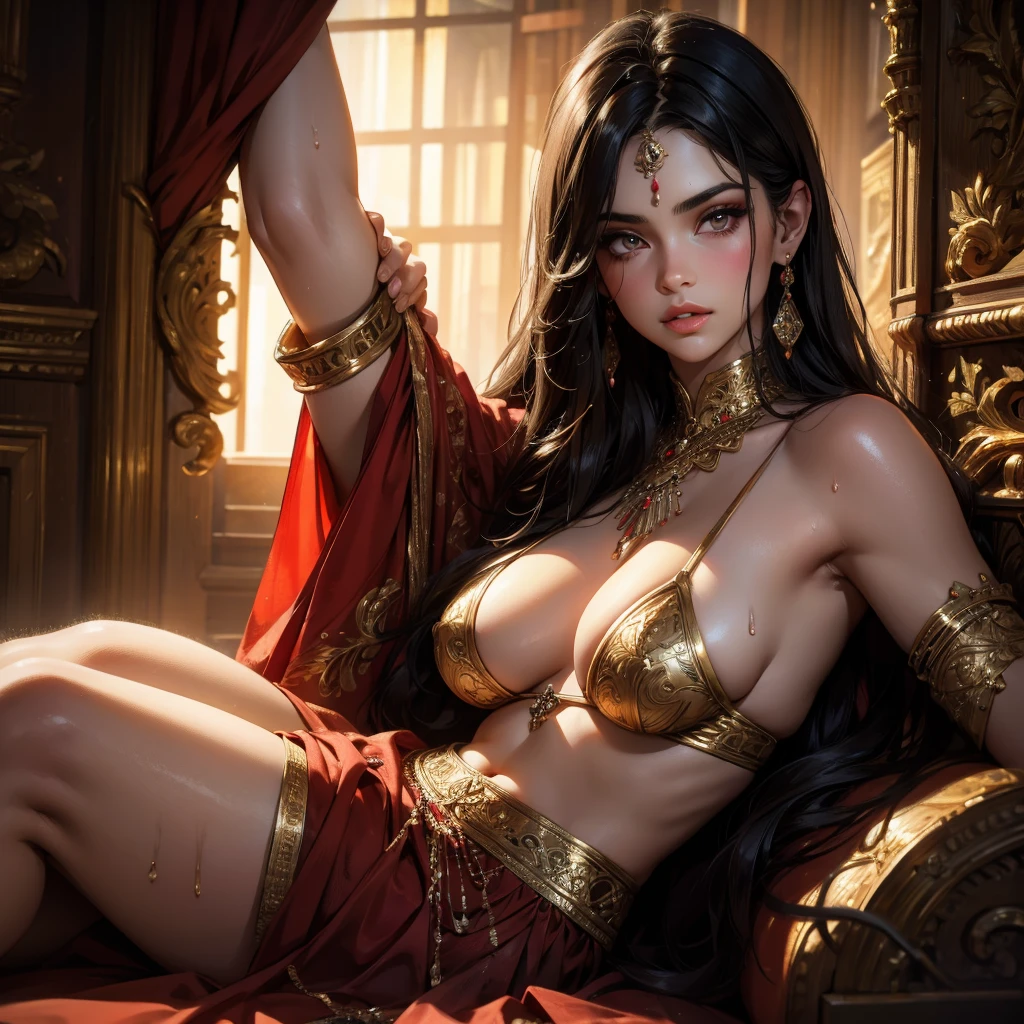 Single beautiful Persian princess, wearing a fitted wet red sharara, long wavy black hair, visible sweat dripping from armpits, fully body covered in glistening sweat, big breasts, white skin, backside visible with detailed facial features, beautiful eyes and lips, fully body visible, extremely detailed face, long eyelashes, portrait, (best quality,4k,8k,highres,masterpiece:1.2),ultra-detailed,(realistic,photorealistic,photo-realistic:1.37),dramatic lighting, warm color tones, vibrant colors