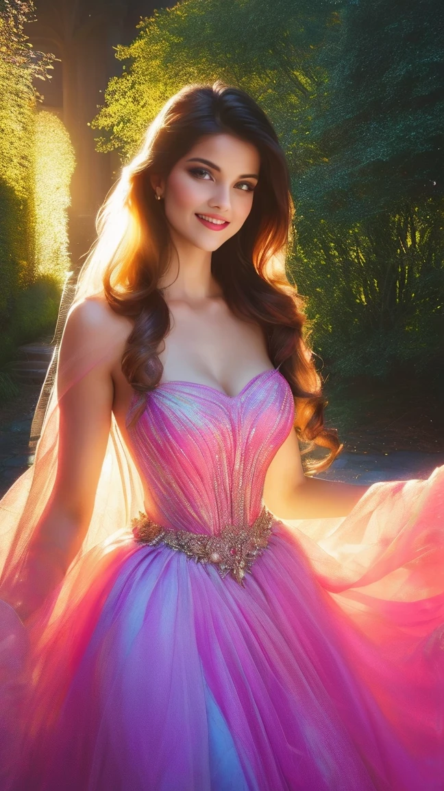 (a beautiful woman in a stunning gown of flowing silk with a radiant smile and captivating eyes),vibrant colors,highres,ultra-detailed,sharp focus,soft lighting,realistic,fantasy-inspired,portraits,subtle color palette,ethereal glow,fairytale,graceful,pastel shades,enchanted garden,lovely flowers,twinkling lights,whimsical ambiance