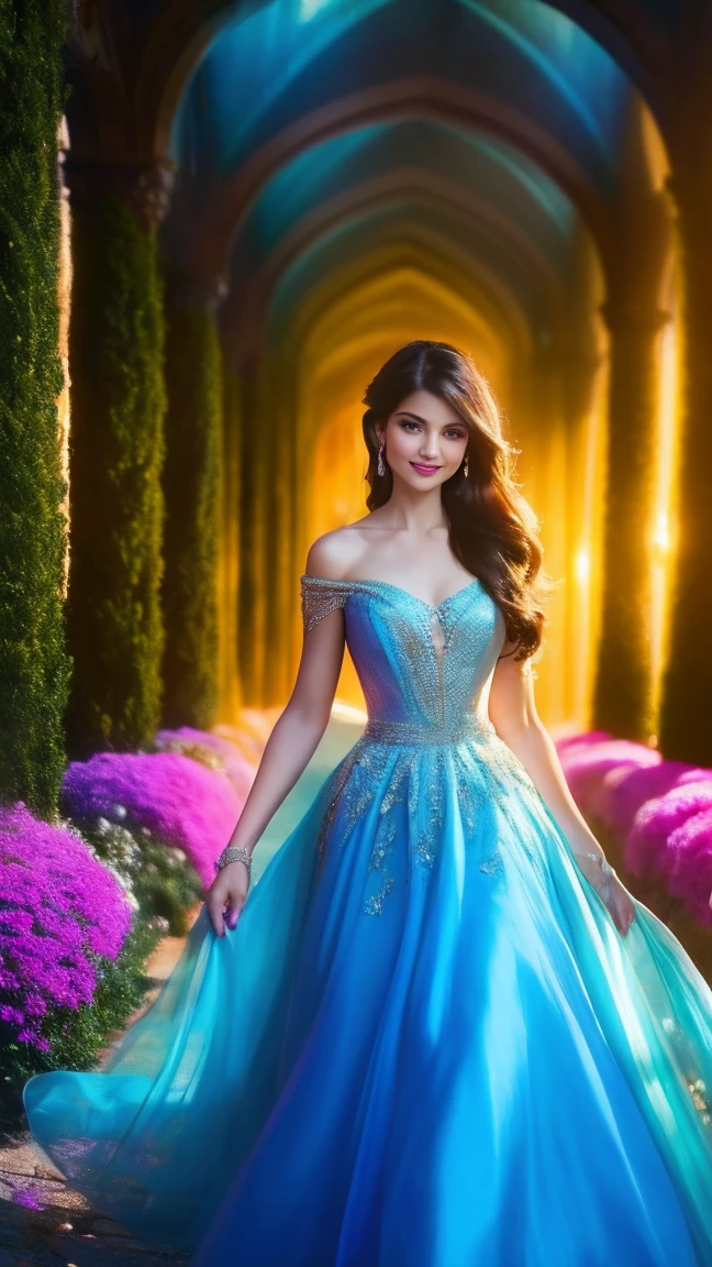(a beautiful woman in a stunning gown of flowing silk with a radiant smile and captivating eyes),vibrant colors,highres,ultra-detailed,sharp focus,soft lighting,realistic,fantasy-inspired,portraits,subtle color palette,ethereal glow,fairytale,graceful,pastel shades,enchanted garden,lovely flowers,twinkling lights,whimsical ambiance