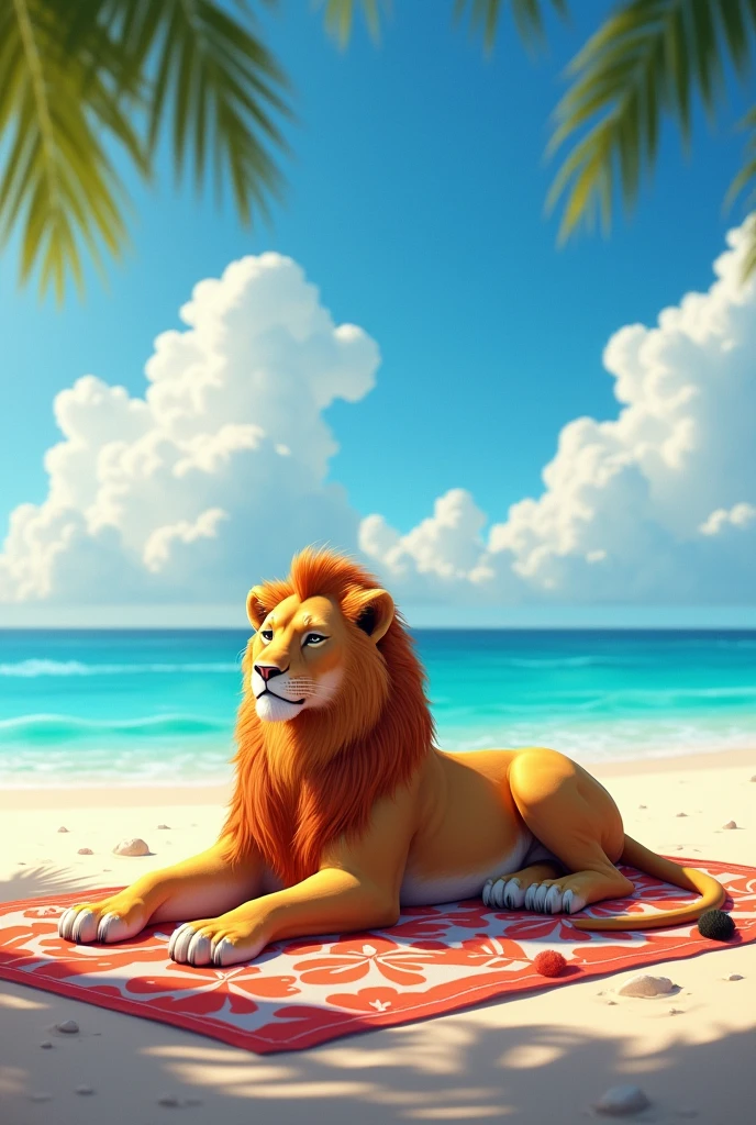 lionne qui bronze allongé au soleil sur une serviette