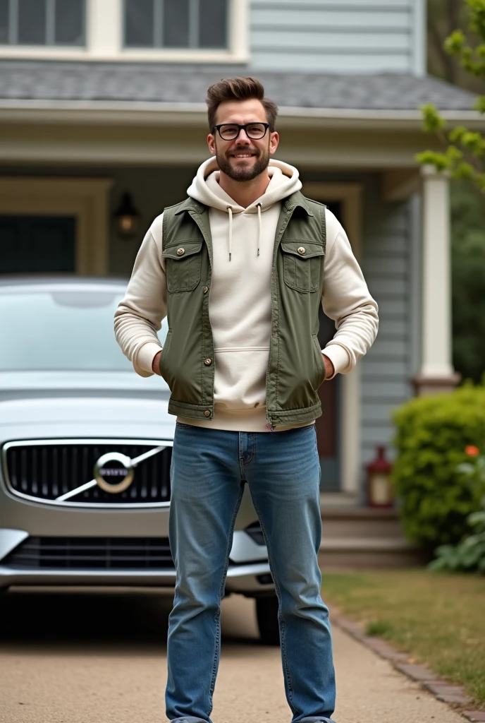 Create a real photo of a strong young man, wearing a pair of jeans, White sneakers, an off-white t-shirt, military green denim vest with sweatshirt hood, with glasses. He is in front of his American house and next to it is a lead-colored Volvo XC60.. He is smiling. 