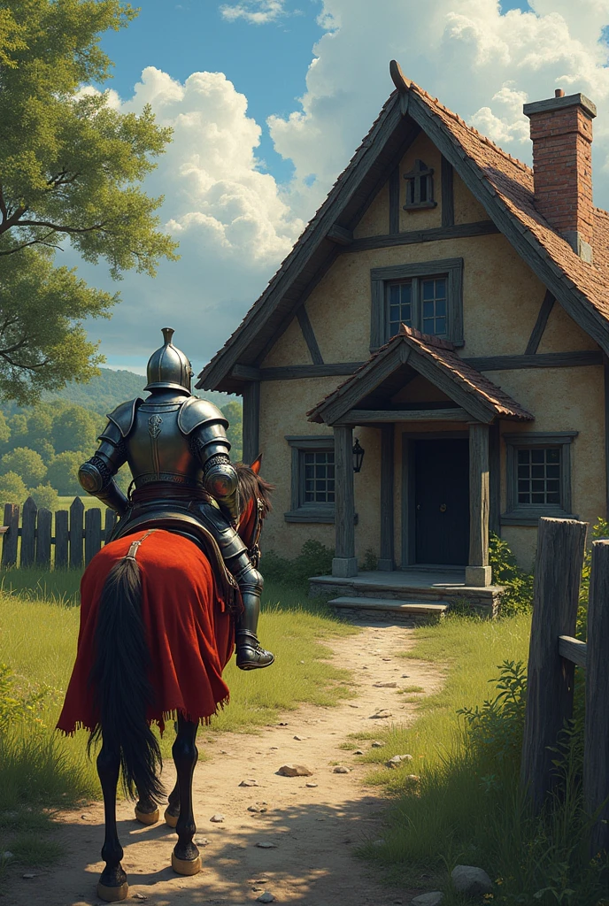 The knight gets off his horse and approaches the house. He is now in a calmer posture, but still carries an aura of threat. The narrator observes closely, with an expression of growing concern.
The knight keeps his armor and weapons, but his stance is less aggressive. The narrator is near the entrance of the house, trying to hide his nervousness as he watches the knight approach.